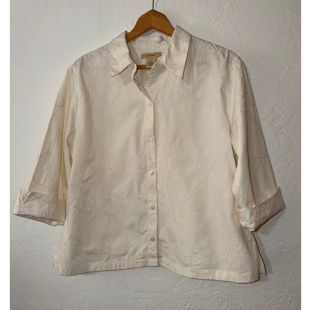 Bechamel Vintage 90s White Cotton Floral Embroidered Button Down Shirt Blouse XL
